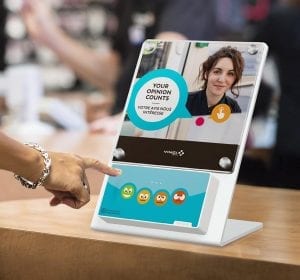 Skiply, présentoir de comptoir Vinci Airports, 4 smileys, satisfaction des passagers