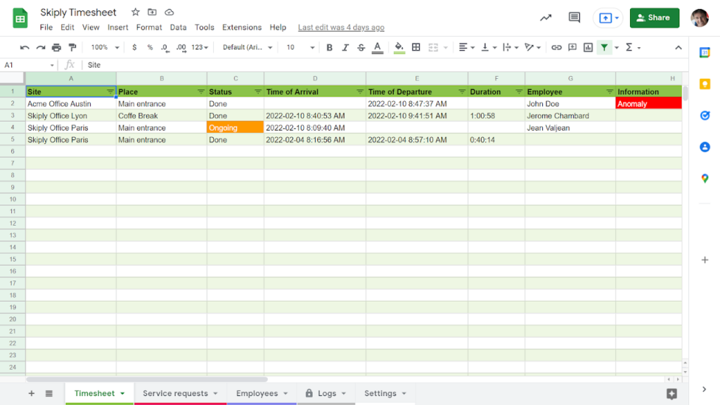 Timesheet App for Google Sheets: result
