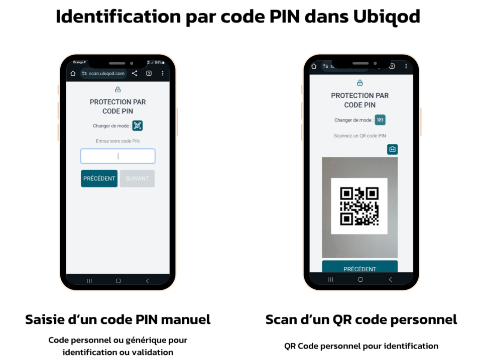 Modes d'identification par code PIN et QR code sur Ubiqod