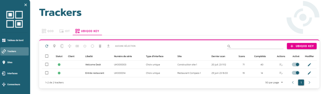 Ubiqod Key dans la liste de trackers