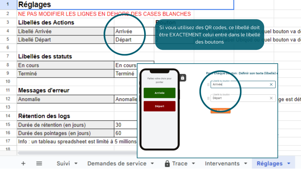 Libellé des Arrivée et Départ dans le google sheets