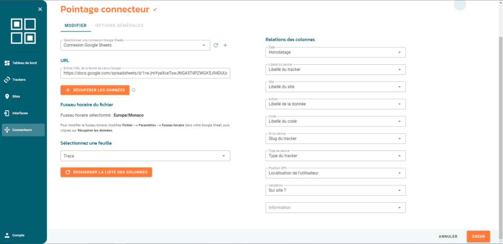 Mapping des champs pour Google Timesheet