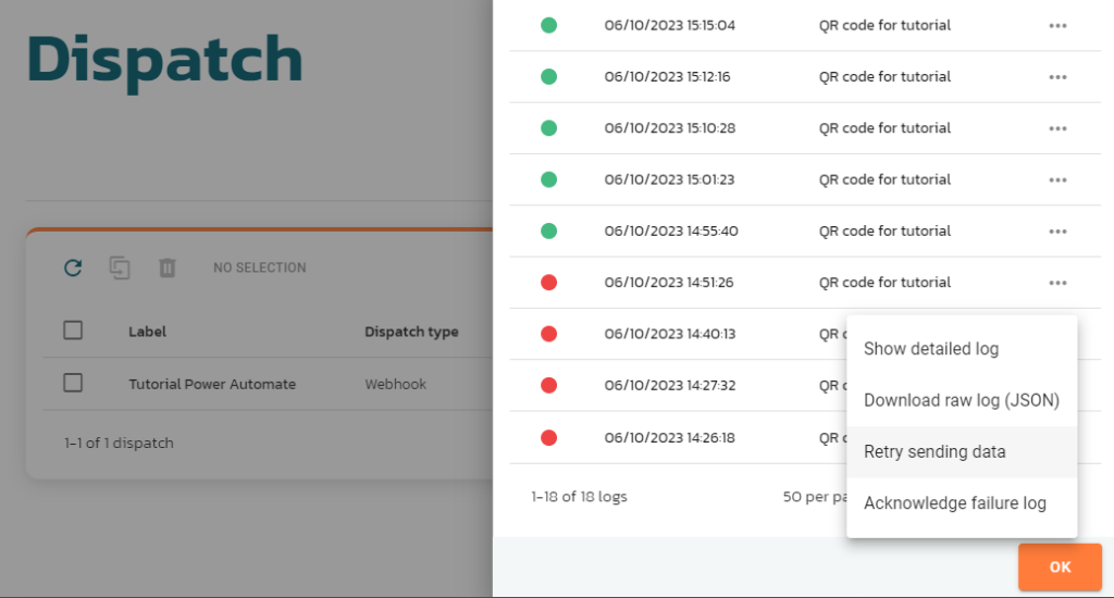 Dispatch log for Ubiqod connectors