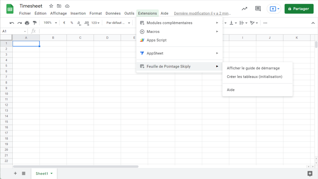 Feuille de pointage Google Sheets