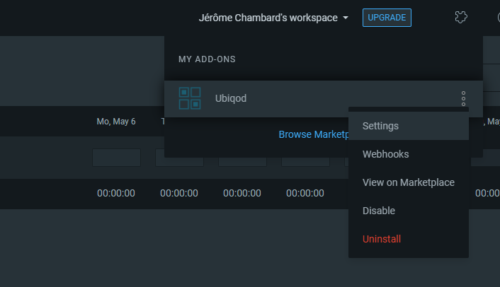 Open Ubiqod Settings from the Clockify menu