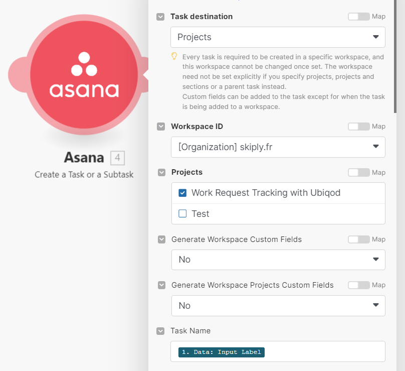 Asana action configuration in Make.com