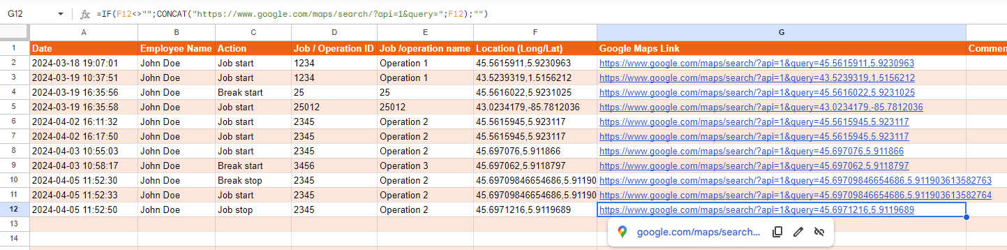 Créer un lien de géolocalisation dans Google Maps à partir de Google Sheets