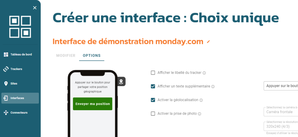 Interface de géolocalisation par QR code pour monday.com
