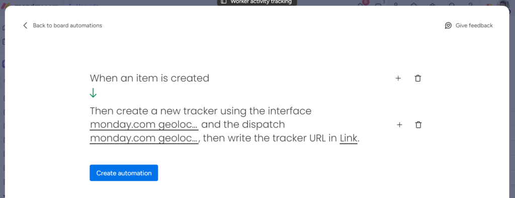 Configuration of the monday.com automation to track activity with Ubiqod