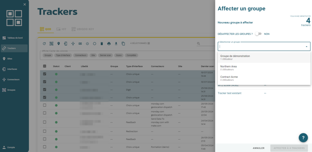 Affectation en masse de trackers à un groupe